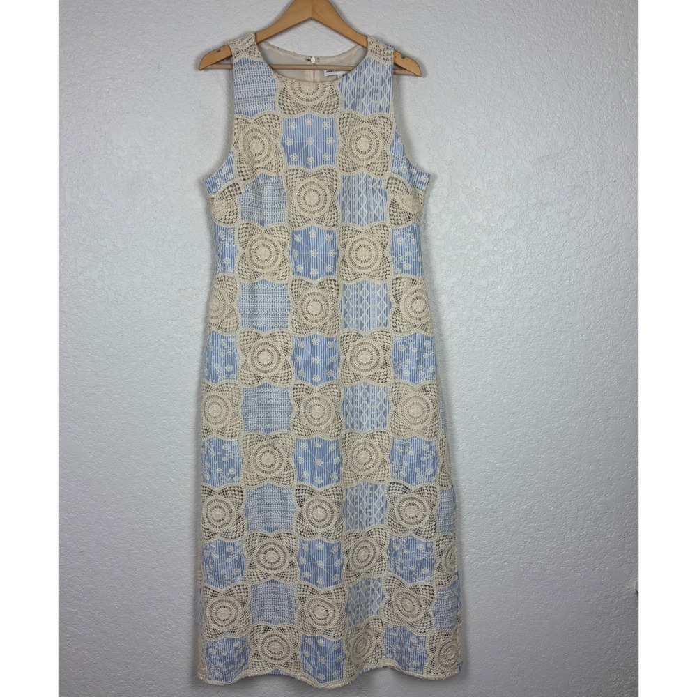 English Factory Blue White Crochet Lace Patchwork Midi‎ Dress Large Cottagecore